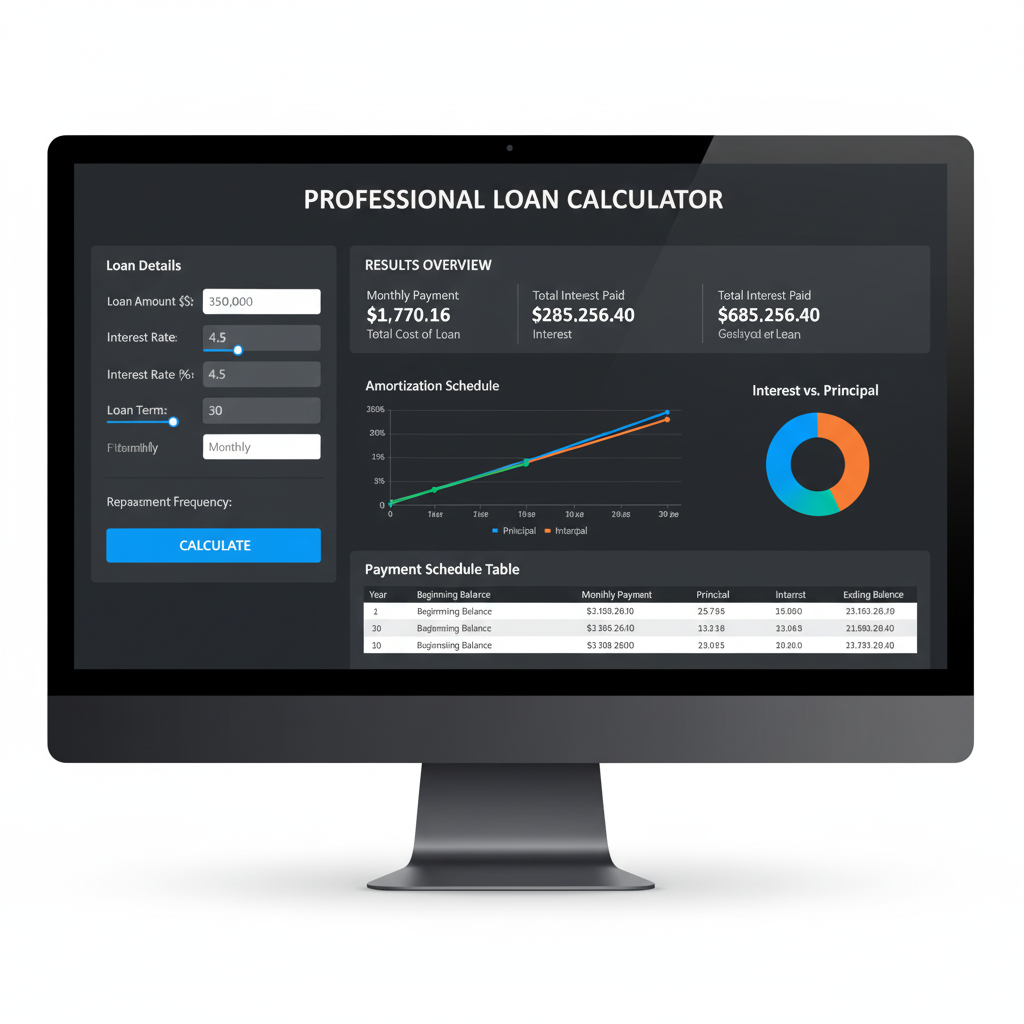 computer screen displaying professional loan calculator interface